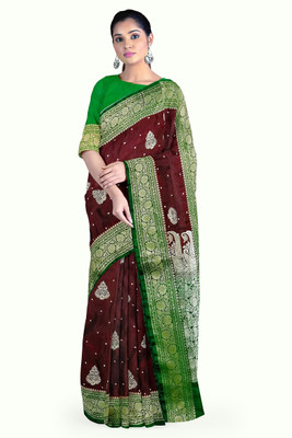 HouseOfCommon Self Design Banarasi Satin Saree(Brown)