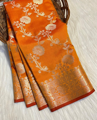 VERMA TEXTILES HOUSE Woven, Self Design Banarasi Cotton Silk Saree(Orange)