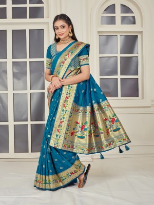 Mionas Woven Paithani Jacquard, Pure Silk Saree(Light Blue)