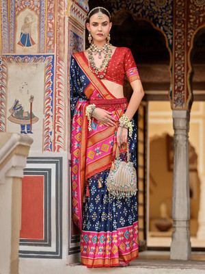 ANOUK Printed Pochampally Silk Blend Saree(Dark Blue)