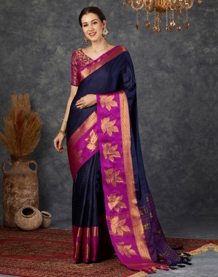 Satrani Woven, Embellished, Self Design Banarasi Cotton Silk Saree(Blue, Gold, Pink)