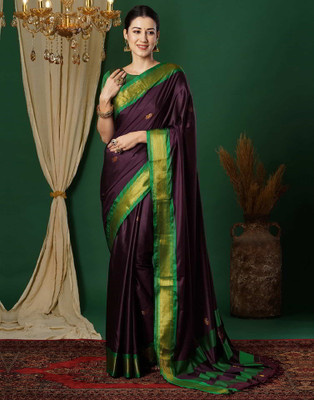 yourwish Woven, Checkered, Embellished, Self Design Patola Jacquard, Cotton Silk Saree(Purple, Green, Gold)