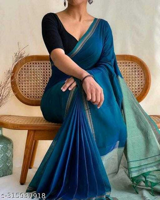 Anmol Textile Solid/Plain Tant Pure Cotton Saree(Blue)