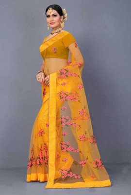 skyfiesta Embroidered Ikkat Net Saree(Gold)