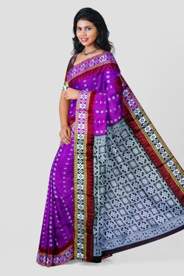 Samrat Handlooms Woven, Temple Border, Embellished Sambalpuri Cotton Blend Saree(Purple)
