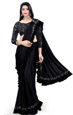 ALICE Solid/Plain Saree with Attached Blouse Cotton Silk Saree(Black)