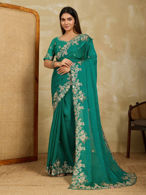 SARETRA MALL Embroidered, Embellished, Floral Print Bollywood Tissue, Organza Saree(Green)