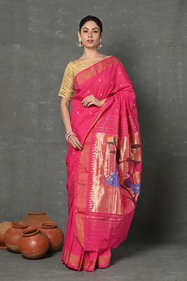 Very Much Indian Woven Paithani Pure Cotton Saree(Pink)