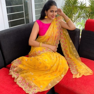 Vinayak Textile Embroidered Bollywood Net, Silk Blend Saree(Yellow, Pink)