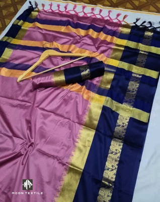 MoonTextile Temple Border Assam Silk Cotton Silk Saree(Mustard)