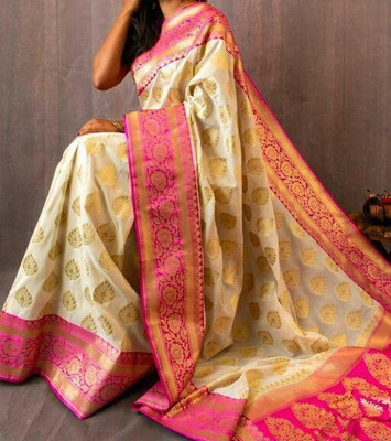 LUGABH Self Design Kanjivaram Pure Silk Saree(White)