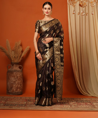 VILLAGIUS Woven, Temple Border Banarasi Organza, Silk Blend Saree(Brown)