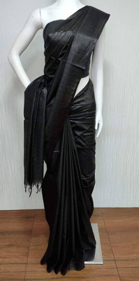 Apparelsnishu Solid/Plain, Striped Bhagalpuri Silk Blend Saree(Black)
