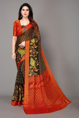 VISIONEMBRO Printed Bollywood Brasso Saree(Black)