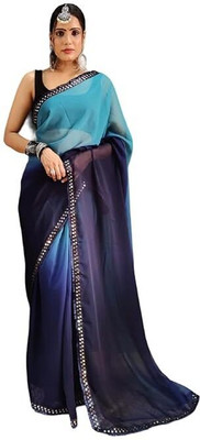 SNIXTY Solid/Plain Bollywood Georgette Saree(Dark Blue)