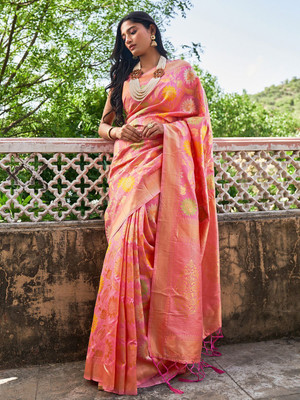 Janasya Woven, Self Design Chanderi Silk Blend Saree(Pink)