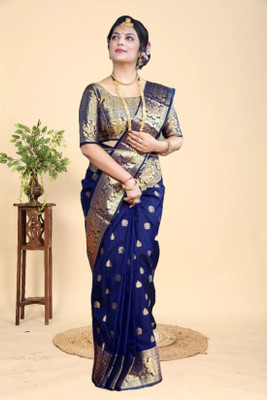 Pdfabrics Embellished Kanjivaram Cotton Silk Saree(Dark Blue)
