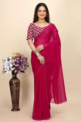 STITCH N SOLUS Solid/Plain Daily Wear Georgette Saree(Pink)