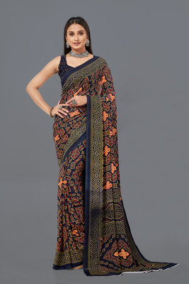 Leelavati Printed Bandhani Georgette Saree(Dark Blue)