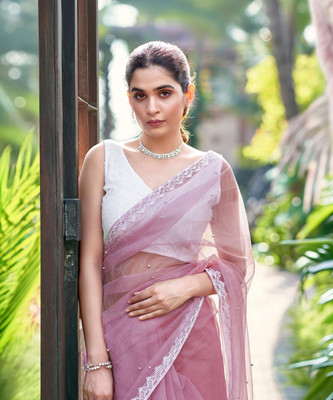 Samah Dyed, Embellished, Self Design Bollywood Net Saree(Pink)