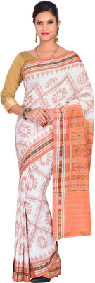 handloom paridhaan Hand Painted, Self Design Handloom Pure Cotton Saree(White, Brown)