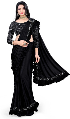 Prosaler Solid/Plain Bollywood Lycra Blend Saree(Black)