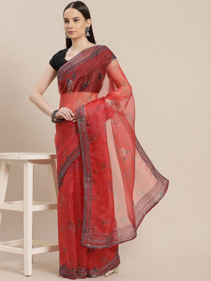 ANOUK Embellished Saree with Attached Blouse Organza Saree(Red)