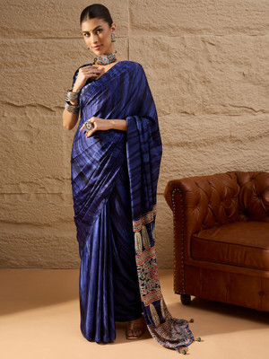 Tasrika Printed Hand Batik Crepe Saree(Blue)