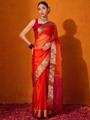 Divastri Woven Bollywood Organza Saree(Orange)