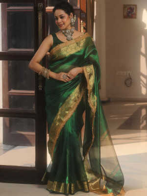 Banaras silk palace Woven Banarasi Tissue Saree(Green)