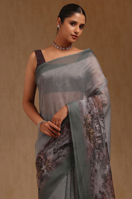 soch Digital Print Saree with Attached Blouse Chanderi Saree(Grey)
