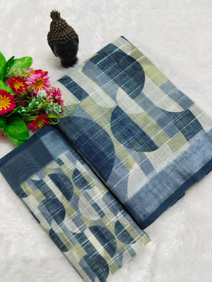 HangerStories Printed Kanjivaram Linen, Cotton Linen Saree(Multicolor)