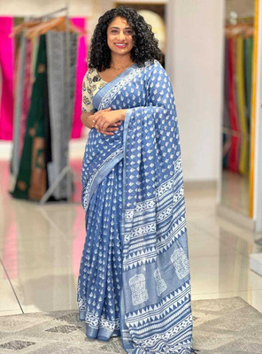 Luxury Silk Blocked Printed Hand Batik Handloom Cotton Blend Saree(Blue)