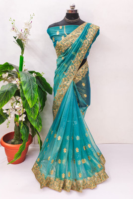 Mikhushop Embroidered Bollywood Supernet Saree(Light Blue)