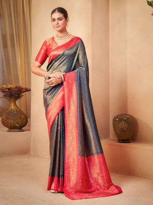 Sariya Woven Kanjivaram Jacquard, Pure Silk Saree(Blue, Red)