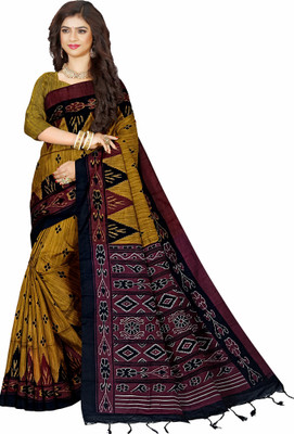 TITHISAREES Printed Sambalpuri Cotton Blend Saree(Gold)