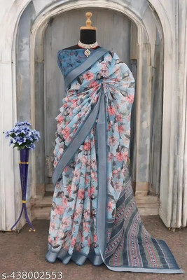 Grubstaker Digital Print Bollywood Linen Saree(White)