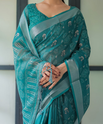 ALMAARI FASHION Polka Print Assam Silk Cotton Linen Saree(Blue)