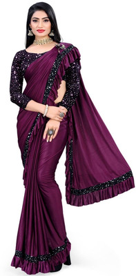 fem hub Solid/Plain Daily Wear Lycra Blend Saree(Purple)