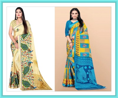 Leelavati Printed Bollywood Crepe Saree(Pack of 2, Cream, Light Blue)