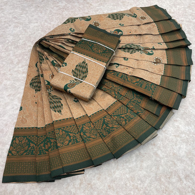PRANJAL ART Printed Banarasi Jacquard, Art Silk Saree(Cream, Green)