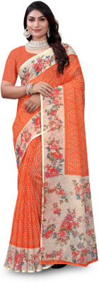 MARUTI NANDAN CHOICE Floral Print Daily Wear Linen Saree(Orange)
