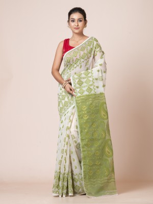 vromorkunjo Woven Jamdani Jacquard Saree(White, Dark Green)