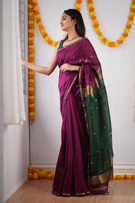PARAMPARA CREATION Woven, Self Design, Embroidered, Floral Print Bollywood Cotton Silk Saree(Purple)