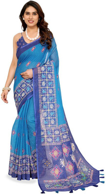 Moda Rapido Printed Bollywood Linen Saree(Light Blue)