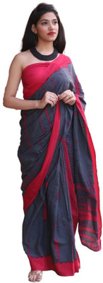 Kiaaron Blocked Printed Handloom Pure Cotton Saree(Grey)