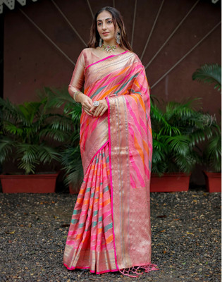 Satrani Woven Banarasi Silk Blend Saree(Pink, Gold)
