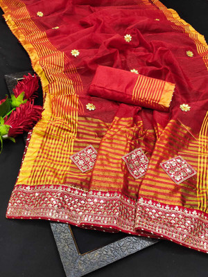 Kanooda Prints Embroidered Kota Doria Net Saree(Red)