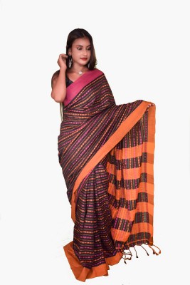 LDma Self Design, Woven Tant Handloom Pure Cotton Saree(Black, Orange)