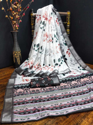 vidhan creation Printed Bollywood Linen Saree(Grey)